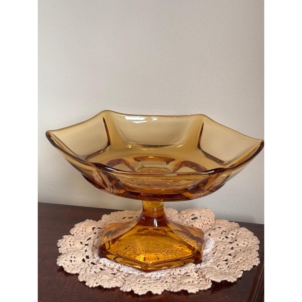 Vintage Viking Glass Epic 6-Petal Footed Compote Bowl, amber, gorgeous condition